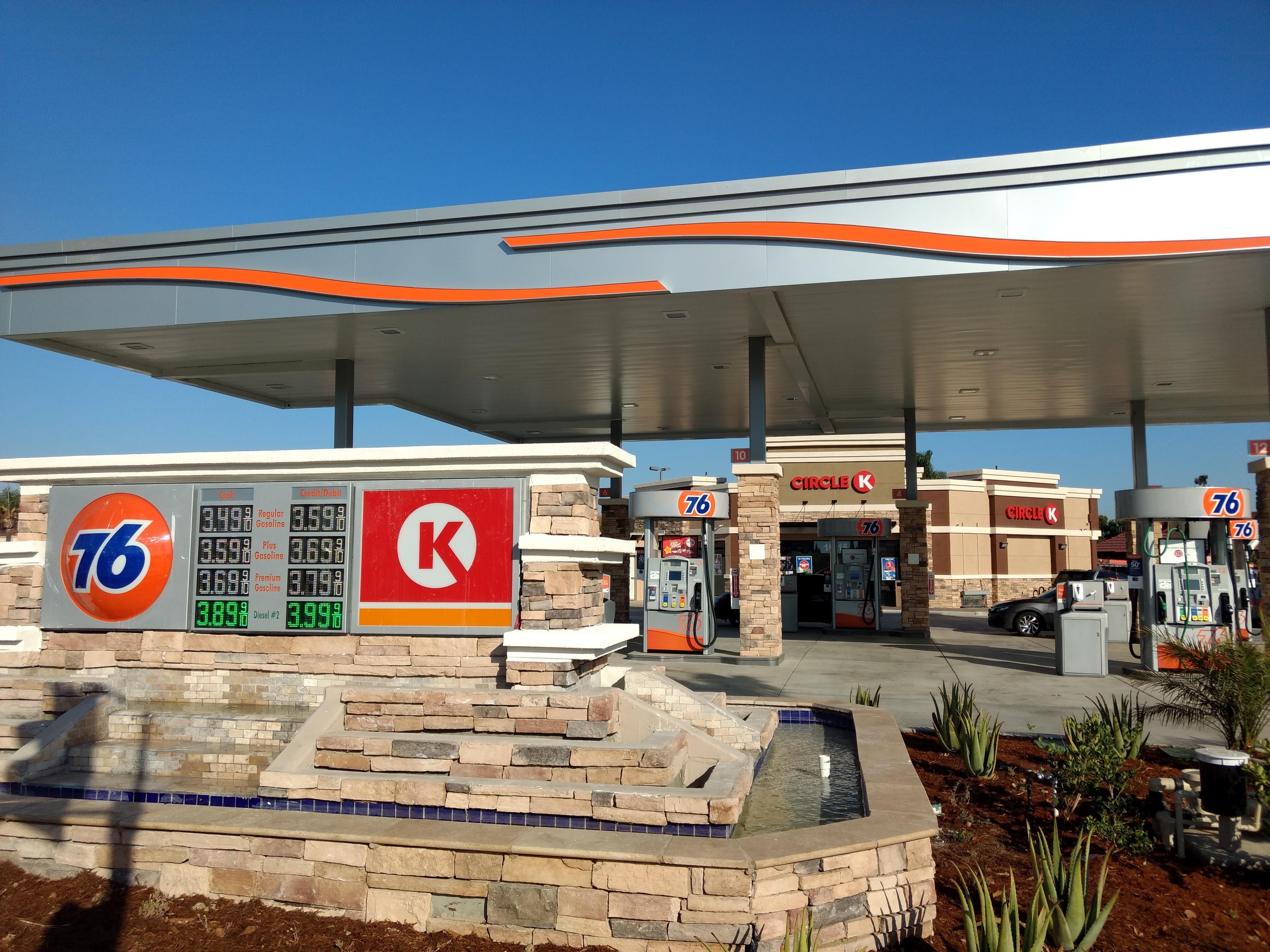 Sierra Corner Store - 76 Gas Station and Circle K in Fontana, CA showing gas pumps, 76 branding, and Circle K store